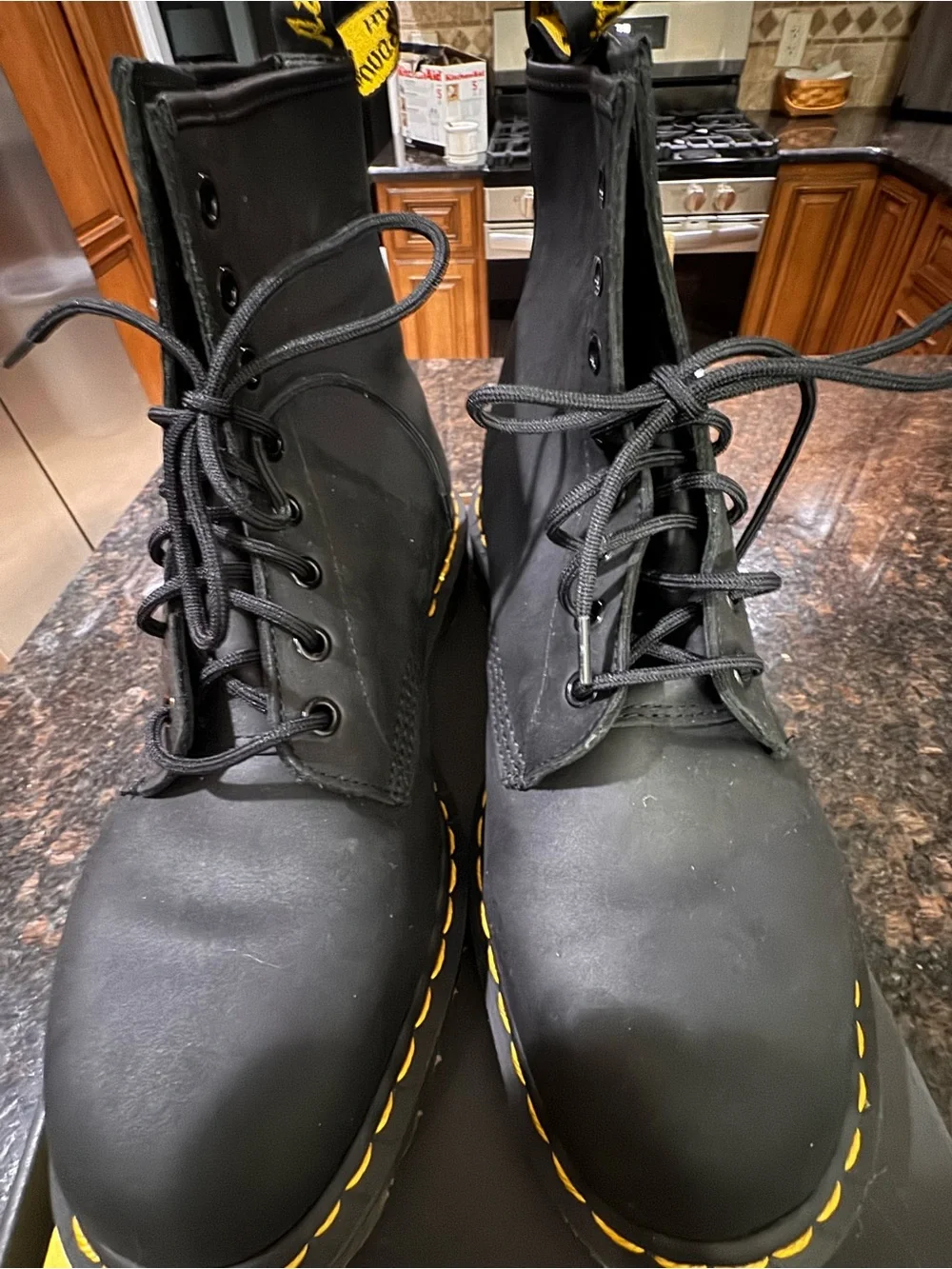 Dr. Martens Black Leather Lace-Up Boots with Yellow Stitching